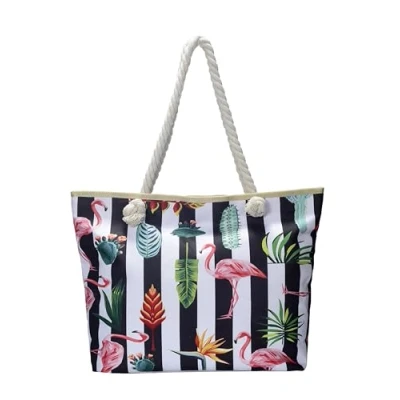 Afbeelding van Strepen flamingo grote strandtas Schoudertas met ritssluiting Shopper zwart/wit