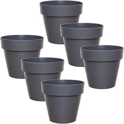 Afbeelding van idea station kunststof bloempotten 6 stuks, 12 cm, antraciet, rond, bloempot, bloemenvaas, plantenbak, plantenpotten, plantenpot, kruidenpot, binnen, buiten, onbreekbaar