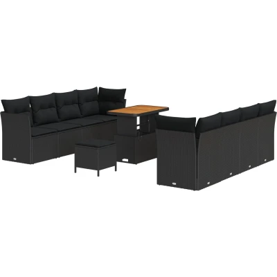Afbeelding van vidaXL 11 delige Tuin Sofa Set met Kussens Zwart Poly Rattan Acacia, 3 Eet Acacia