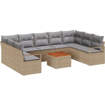 Afbeelding van vidaXL 10 delige Tuinbankset met Kussens Beige Poly Rattan Acacia, 2 zitter Tuinbank Opslag &amp;