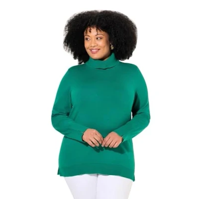 Afbeelding van Ulla Popken grote maten plus size coltrui met brede geribbelde manchetten, lange mouwen, smaragd groen., 58/60 NL