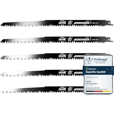Afbeelding van BAURIX® Reciprozaagbladen hout SHARK® [5 Stuks] 300 mm 5 TPI Houtzaagbladen voor snelle en zuivere zaagsneden Zaagbladen ruw hout, vochtig brandhout, loofhout