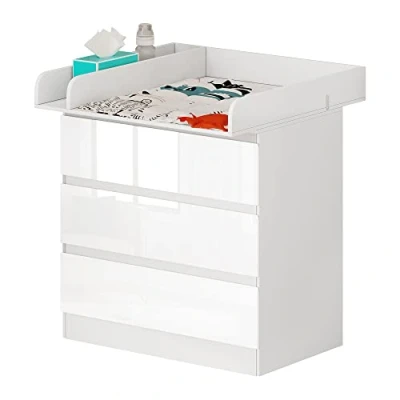 Afbeelding van WOLTU commode met aankleedkussen, ladekast 3 lades, geluidsarme metalen rails, kantelbeveiliging, 86 cm voor lendenbescherming, wit