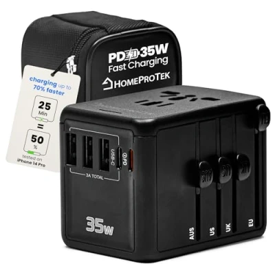 Afbeelding van HOMEPROTEK Universele reisadapter wereldwijde reisstekker met 2 USB A, 1 type C en PD 35 W aansluitingen, AC stekkeradapter, internationale reisadapter, VS, VK, Engeland, Australië, meer
