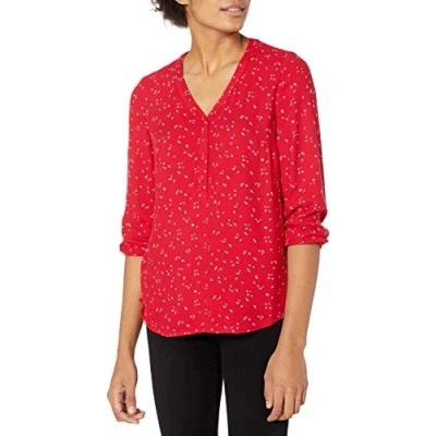 Afbeelding van Amazon Essentials Women&#039;s Popover shirt met driekwartmouwen en knoopsluiting, Rood Bladerige bloemen, XL