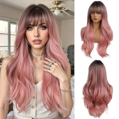 Afbeelding van OUFEI 24 Inch Lang Golvend Natuurlijk Roze Amber Pruiken Vrouwen Synthetisch Haar met Donkere Wortels voor Dagelijks Dragen Cosplay Party