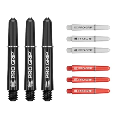 Afbeelding van Target Darts Pro Grip Shafts Set van 9 3 Kleuren, Zwart/Wit/Rood Kort, 34mm Dart Stems, Professionele Accessoires, 2BA Shaft Multipack met Ringen