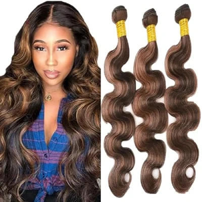 Afbeelding van Tuheerst Human Hair Bundles Body Wave P430 Highlight Brown Extensions 3 Brazilian Remy Real 16 Inches