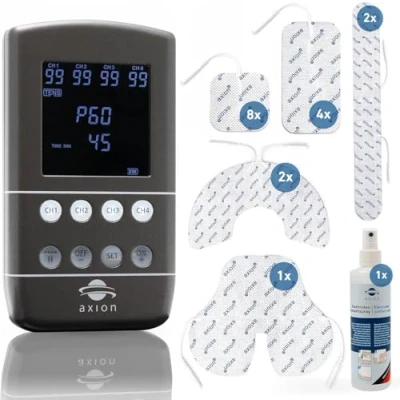 Afbeelding van TENS EMS combi apparaat STIM PRO X9B 4 kanalen in een set met 8 stuks 5x5cm, 10x5cm, speciale elektrode pads &amp; contact spray pijntherapie, spieropbouw massage één axion medisch appa