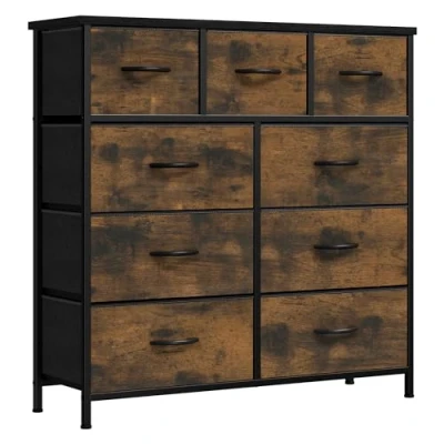 Afbeelding van YITAHOME Ladekast met 9 laden voor slaapkamer, stoffen dressoir, opbergladen handgrepen, metalen frame woonkamer, hal, kinderkamer, rustiek bruin