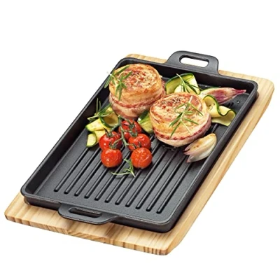 Afbeelding van Küchenprofi BBQ grillpan gietijzer gegroefd op houten plank, hoekig, 32 x 22 3,5 cm, vuurplaats, alle warmtebronnen incl. inductie, serveerpan 0305351026