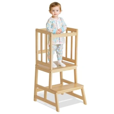 Afbeelding van COSYLAND leertoren vanaf 1 jaar, stijlvolle leertoren, massief Montessori voor kinderen, gepatenteerd design, keukenhulp, anti tip, leerstoel kinderen bamboekleur