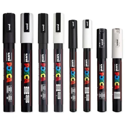 Afbeelding van POSCA Pennenset, zwart en wit, dunne tot middeldikke punt, 8 pennen (PC 5M, PC 3M, 1M, 1MR)