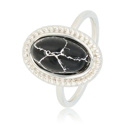 Afbeelding van Vintage ring zilverkleurig Met zwarte steen Stainless steel marmeren luxe cadeauverpakking