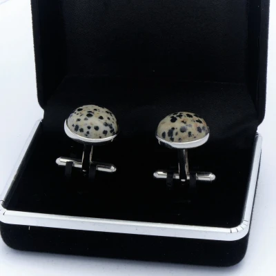 Afbeelding van Manchetknopen Echt Zilver 925 Rond Dalmatier Jasper Jaspis