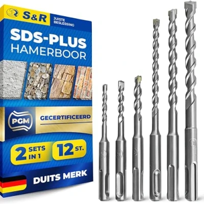 Afbeelding van S&amp;R hamerboren, steenboren/betonboren, 12 delige SDS PLUS boor set voor boorhamer, 2 stuks elk: 5, 6, 8 x 110 mm; 8, 10 160 mm, klopboren beton, graniet en steen, PGM gecertificeerd