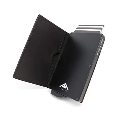 Afbeelding van STEALTH Wallet Slanke Lichtgewicht Minimalistische Kaarthouder Portemonnee Aluminium RFID/NFC Blokkerende Pop up Portemonnees Kaarthouders met Geschenkdoos (Zwart Zwart Crazy Horse leer)