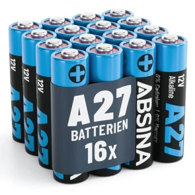 Afbeelding van ABSINA 16 x 27 A 12 V batterij voor garagedeuropener en nog veel meer alkaline mini lekvrij met lange houdbaarheid MN27 V, A27 batterijen, LR27A,