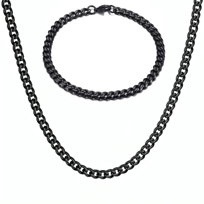 Afbeelding van Ketting + Armband Set Cuban Link Dikke Schakel Zwart 5mm Kettingen Armbanden Sieraden Heren Cadeau voor Man