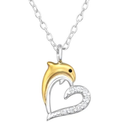 Afbeelding van JoyS Zilveren hartje met dolfijn hanger inclusief ketting zilver 14k goudplating dolfijntje 45 cm zirkonia