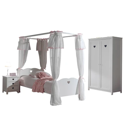 Afbeelding van Deze Amori combinatie bestaat uit een hemelbed, lattenbodem kader, nachttafel, 2 deurs kleerkast en bedtextiel.