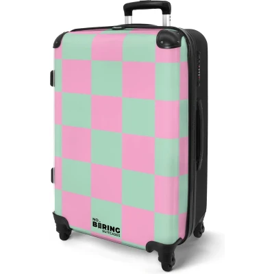 Afbeelding van NoBoringSuitcases.com® Koffer groot Rolkoffer lichtgewicht Roze met turquoise schaakbord print Reiskoffer 4 wielen Grote trolley XL 20 kg bagage
