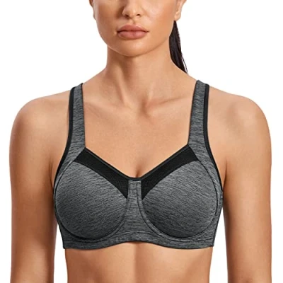 Afbeelding van SYROKAN Sportbeha&#039;s Met Hoge Impact Voor Dames Beugels Racerback Verstelbare Bandjes Bh Training Fitnessgymnastiek Heather Grey 85D