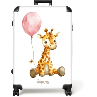 Afbeelding van NoBoringSuitcases.com® Koffer groot Reiskoffer lichtgewicht Giraffe met roze ballon Rolkoffer 4 wielen Grote trolley XL 98 liter bagage