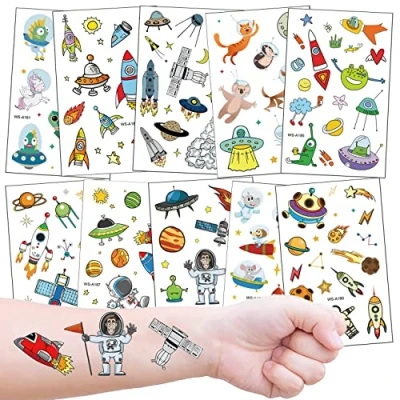 Afbeelding van Tatoeages voor Kinderen, 10 Vellen Ruimte Space Tijdelijke Kindertatoeages Set Feest, Kinderverjaardag Weggeefactie, Kerstmis, Geschenk Decoratie
