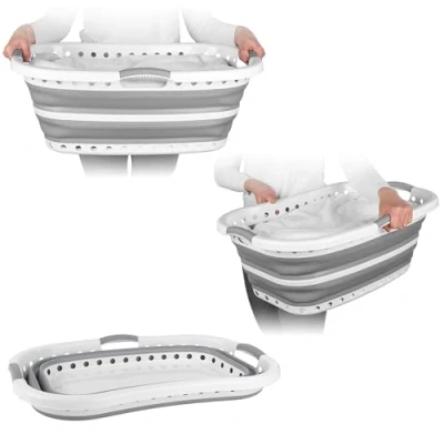 Afbeelding van Beldray LA072979GRYEU Collapsible Hip Hugger Laundry Basket, Curved &amp; Shaped To Fit The Body, Easy Fold Non Slip 2 Way Ergonomic Handles, 37 Litres, Grey, 66 x 44 24cm When Collapsed