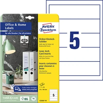 Afbeelding van AVERY Zweckform C32267 10 ordnerrug insteekborden (50 rugetikettes, 54 x 190 mm op A4, bedrukbare rugetiketten om in te steken, microperforatie, ideaal voor thuiskantoor), vellen, wit