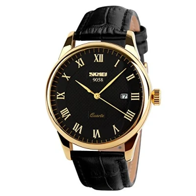 Afbeelding van SKMEI Zakelijke Mens Quartz Horloges Romeinse Cijfer Lederen Band Casual Water Weerstaan Analoge Horloges, Zwart+Goud, zaken