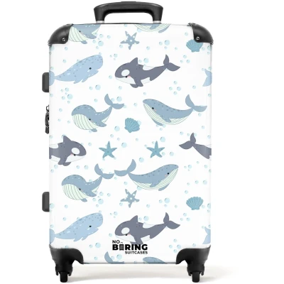 Afbeelding van NoBoringSuitcases.com Grote koffer Walvissen patroon met schelpen blauw Kinderkoffer geschikt voor jongen en meisjes Reiskoffer 4 wielen Trolley op wieltjes Rolkoffer groot kinderen 72 liter Ruimbagage valies 20kg