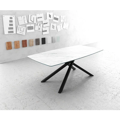 Afbeelding van Eettafel Edge bootsvorm 200x100cm Laminam® keramiek wit middenvoet kruis zwart
