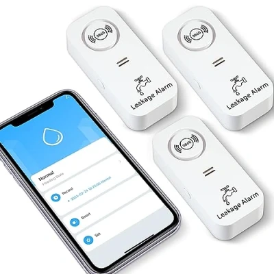 Afbeelding van WiFi watermelder, wateralarm (2,4 G wifi), 90 dB watersensor, alarm en app alarm, draadloos wateralarm, voor buizen, slaapkamer, keuken, badkamer, kelder (verpakking van 3)