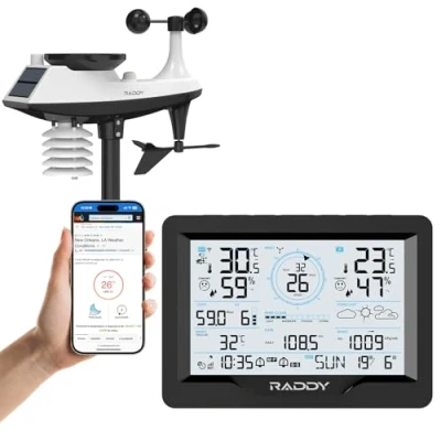 Afbeelding van Raddy MN6 Wi Fi Weerstation, 15 in 1 Draadloos Weerstation voor Binnen en Buiten, Temperatuur Vochtigheid Monitor met Luchtdruk, Regenmeter, Windsnelheid, UV, Weersvoorspelling