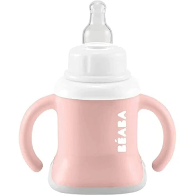 Afbeelding van BÉABA Babydrinkbeker, functie fles/drinkbeker/beker, lekvrij, vergemakkelijkt het vasthouden, ergonomisch, rietje, 3 in 1 evoluclip, dop, oudroze