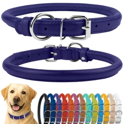 Afbeelding van CollarDirect Rolled lederen halsband, zachte gewatteerde ronde puppyhalsband, handgemaakte echt halsband hond kleine grote halsbanden zwart roze rood paars blauw (geschikt voor 50 58 cm nek,