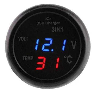 Afbeelding van Autothermometer voltmeter Sigarettenaansteker met USB autolader, 3in1 Dual LED display Digitale Thermometer autolader Autovrachtwagen(blauw rood)