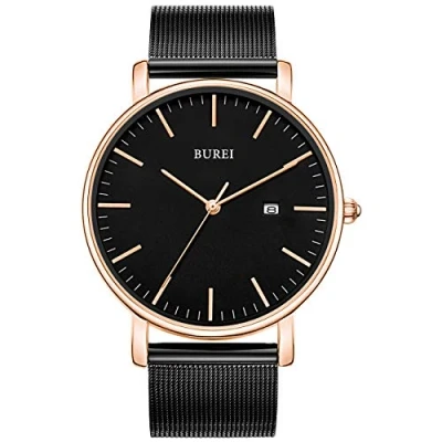 Afbeelding van BUREI Ultradun minimalistisch modern herenhorloge Stijlvol datumhorloge met klassiek eenvoudig ontwerp van zwart groot gezicht en zwarte roestvrijstalen band