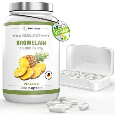 Afbeelding van Bromelain 200 capsules 500 mg 10.000 F.I.P/g 5000 GDU/g vitamine C 7 maanden voorraad hoge dosis inclusief pillendoosje 100% veganistisch puur plantaardig laboratorium getest Made