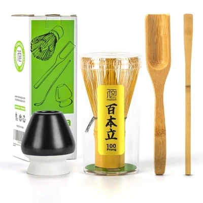 Afbeelding van TEANAGOO Japanse Matcha Ceremonie Accessoire, garde (Chasen), traditionele lepel (Chashaku), theelepel, matzwarte gardehouder,I4, de perfecte set om een traditioneel kopje