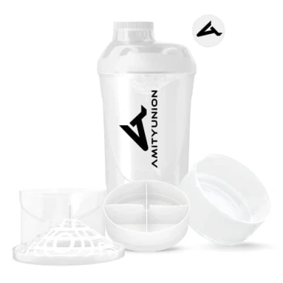 Afbeelding van Eiwitshaker 700 ml met 2 tabletten en poedercompartimenten BPA vrij zeef weegschaal voor wei BCCA shakes, gym fitness Cup isolaten dieetsport concentraten White
