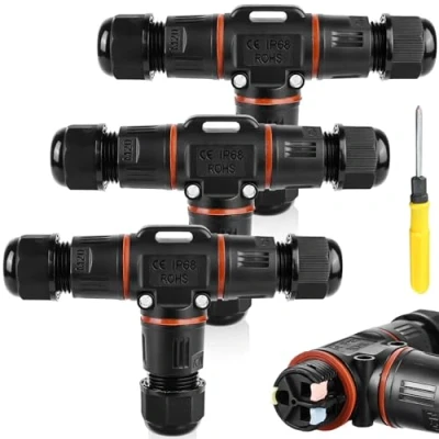 Afbeelding van 3 polige kabelverbinders, waterdicht IP68, T vormige waterdicht, aardkabel, verbindingsmof voor Ø 12 mm kabeldiameter, 2 weg waterdichte aansluitdoos tuin, outdoor