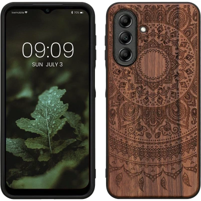Afbeelding van kwmobile telefoonhoesje geschikt voorSamsung Galaxy A26 5G Hoesje met bumper hout In donkerbruin Indian Sun design