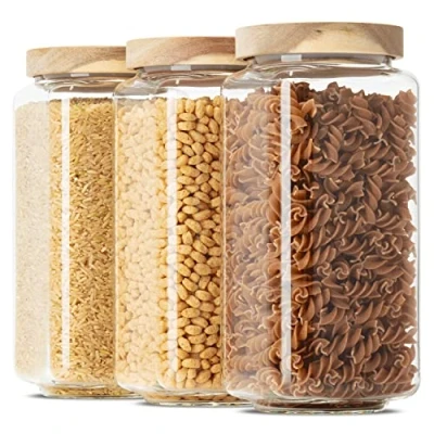 Afbeelding van Econovo® Voorraadpotten, vierkante set met deksel, 1200 ml (3 delig) van mondgeblazen borosilicaatglas, stapelbaar en luchtdicht, voorraaddozen, glazen containers, vierkant, voor levensmiddelen, groot
