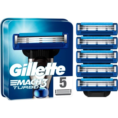 Afbeelding van Gillette Mach3 Turbo scheermesjes voor heren, verpakking met 5 reservemesjes (verpakking kan variëren)