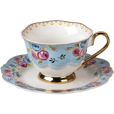 Afbeelding van Clayre &amp; Eef Kop en schotel 160 ml Blauw Wit Porselein Rond Bloemen Servies