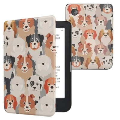 Afbeelding van kwmobile e reader hoesje compatibel met Kobo Clara 2E Magneetsluiting Ereader case Honden Ontwerp in wit/lichtbruin/grijs
