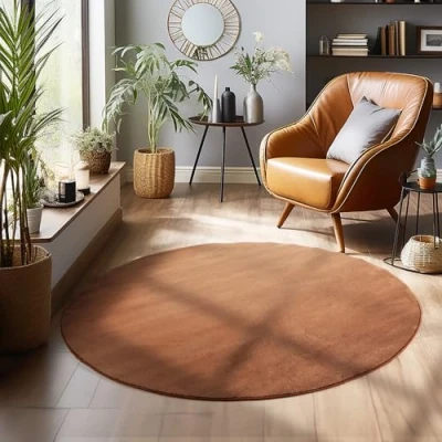 Afbeelding van Laagpolig vloerkleed, Unicolor Monochroom, Vloerkleed Bruin, 120 cm Rond, Tapijten in moderne stijl, Tapijt woonkamer